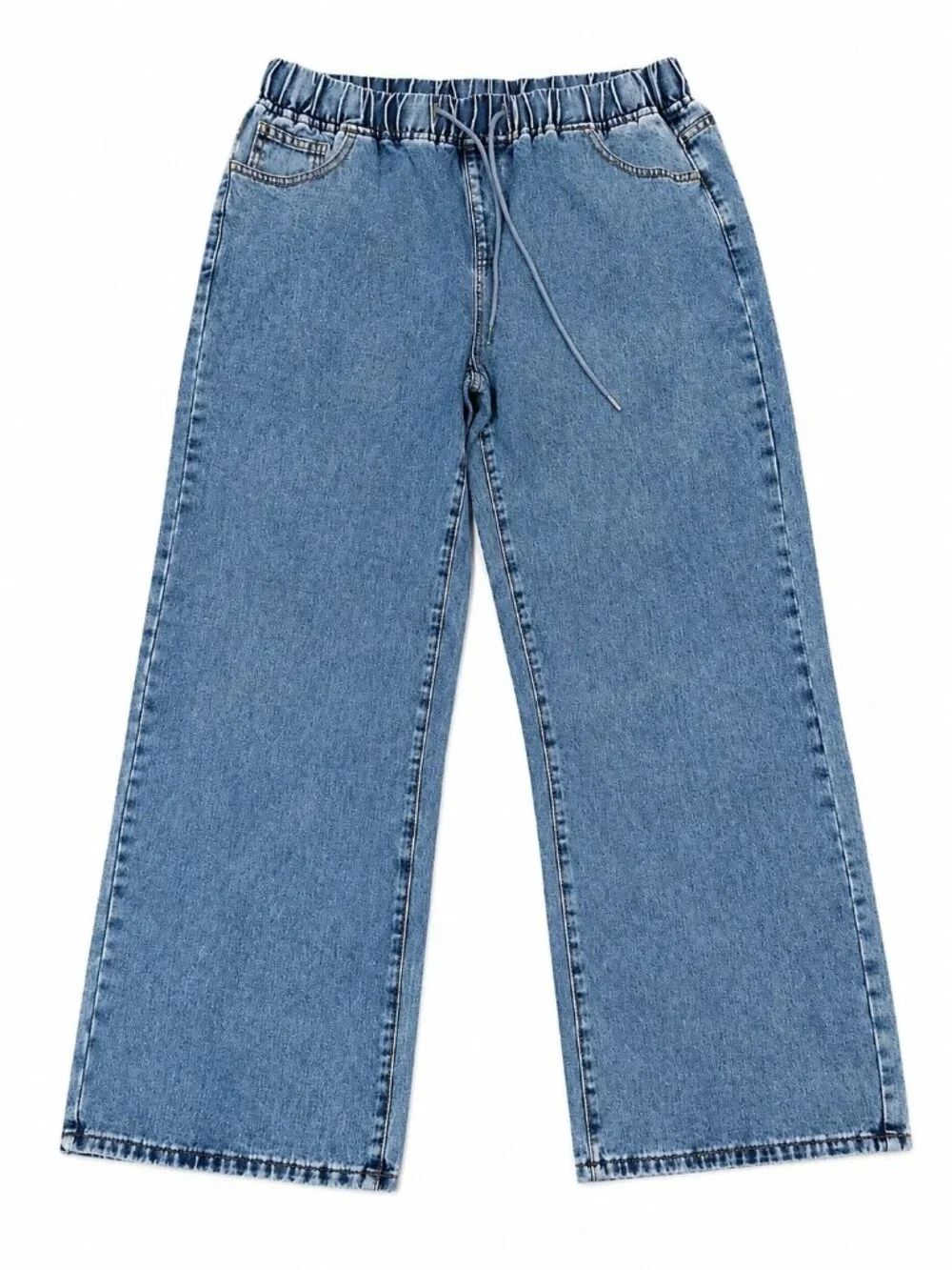 Women’s Pull-On Wide Leg Jeans Elastic Waist Drawstring Denim Pants Casual Baggy - Picture 1 of 2